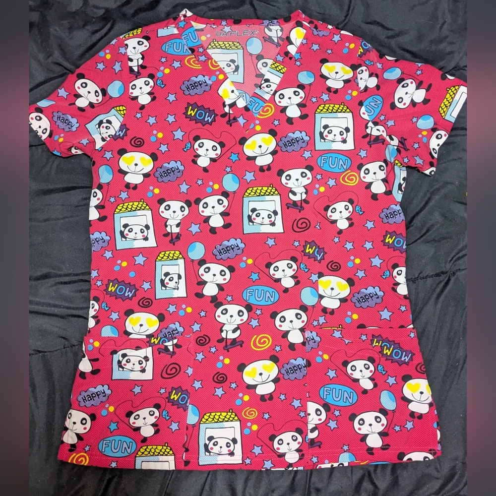 UA Flex Women's Small Red Panda Comic Scrub Top V-Neck